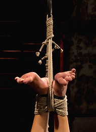 Hot flexible blond suffers a Category 5 suspension. Anal hook, heavy nipple weights, made to cum.